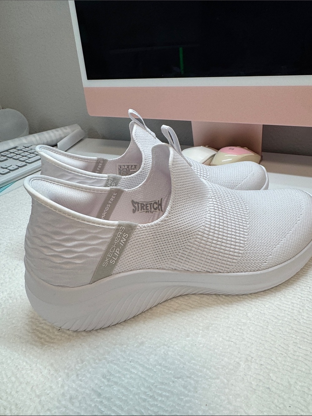 Skechers White Stretch Knit Slip-On Sneakers